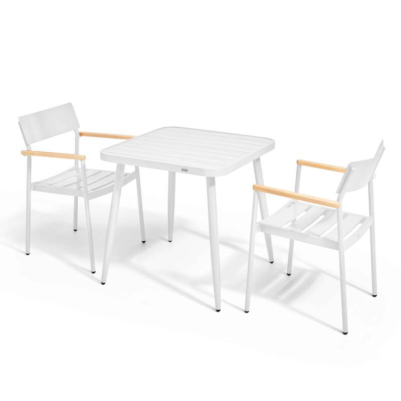Quadratischer Gartentisch 75 x 75 cm und 2 Stühle mit Armlehnen aus Aluminium und Holz 
