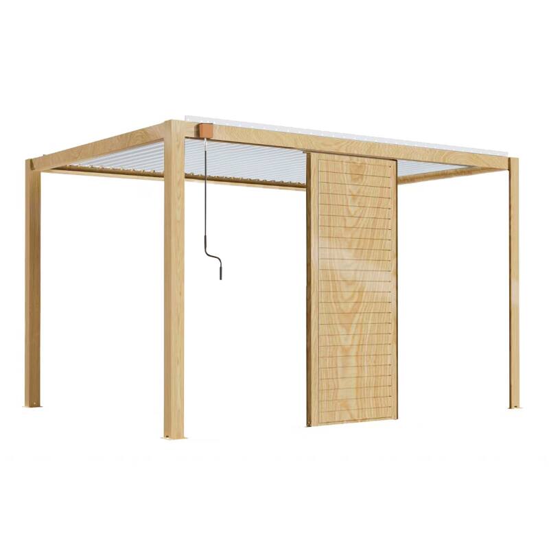 Selbsttragende bioklimatische Pergola 3 x 4 m aus weißem Aluminium mit Holzdekor mit 1, 2 oder 3 Schirmen