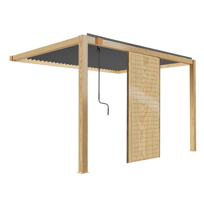 Angebaute bioklimatische Pergola 3 x 4 m aus Aluminium mit Holzdekor mit 1, 2 oder 3 Sichtschutzwänden