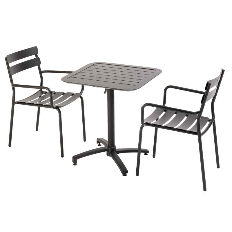 70 x 70 cm großer, verstellbarer Aluminium-Terrassentisch und 2 Stühle mit Armlehnen