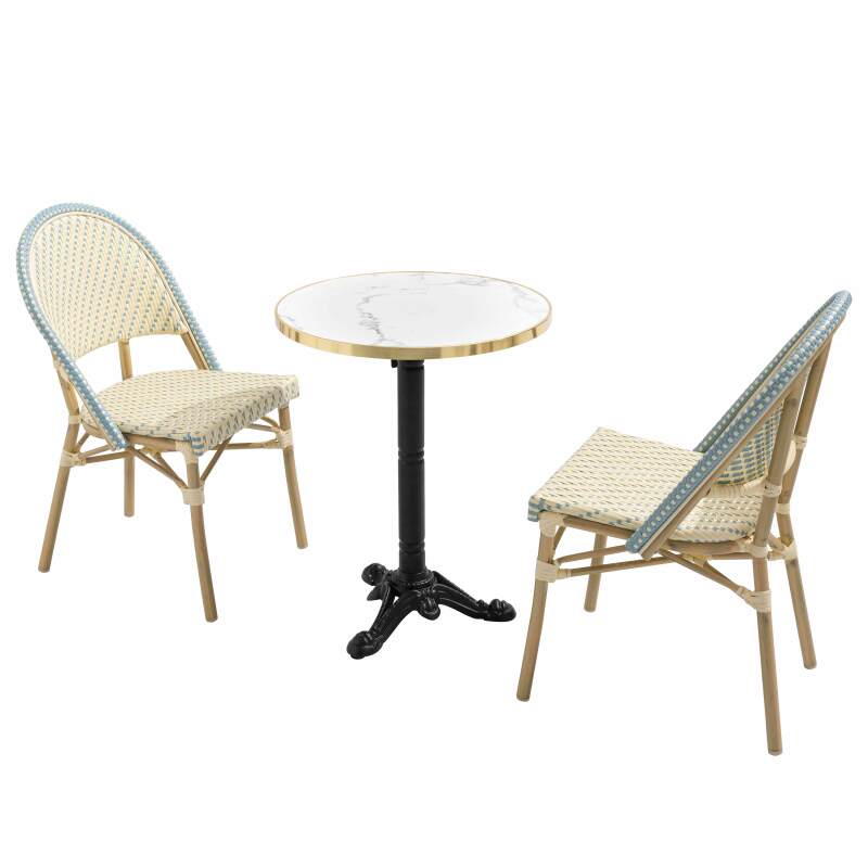 Terrassentisch ⌀60 cm, laminiert und 2 Bistrostühle aus synthetischem Rattan