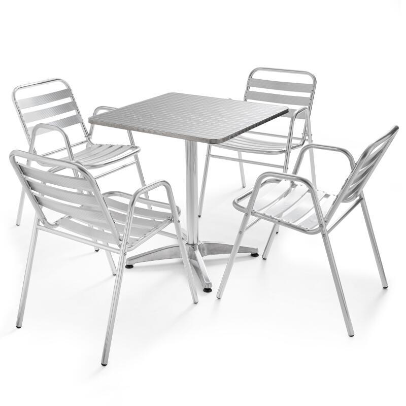 Quadratischer Bistrot-Gartentisch 70 x 70 cm und 4 Stühle mit Armlehnen aus Aluminium 